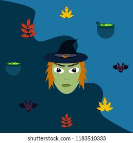 Halloween autumn fallen leaves, witch and bat vector