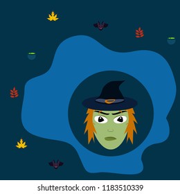 Halloween autumn fallen leaves, witch and bat vector