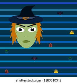 Halloween autumn fallen leaves, witch and bat vector