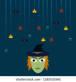 Halloween autumn fallen leaves, witch and bat vector