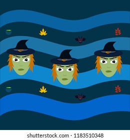 Halloween autumn fallen leaves, witch and bat vector