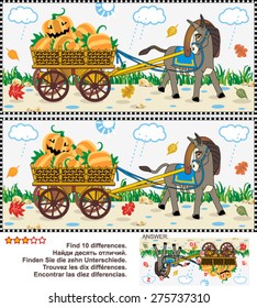 Halloween, autumn or harvest themed visual puzzle: Find the ten differences between the two pictures of donkey pulling a cart with pumpkins in the rainy fall day. Answer included.
