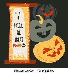 Halloween autumn holiday celebration, trick or treat. 31 of october festive event, scary characters with grinning faces. Pumpkins jack o lanterns and ghost, apparitions, vector in flat style