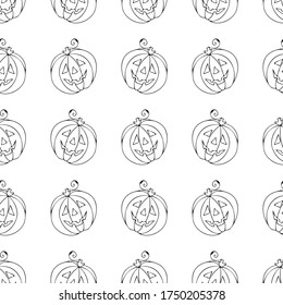 Halloween, an autumn holiday. Seamless pattern of pumpkins. Black outline drawing on a white background. Vector image. Design of packaging, wrapping paper.