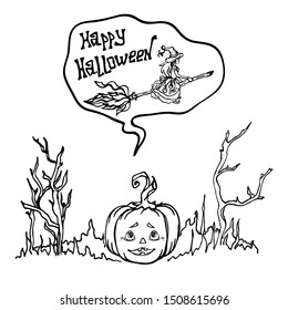 Halloween Autumn Holiday Sketch, funny and scary pumpkin head that dreams of a witch flying on a Halloween broomstick