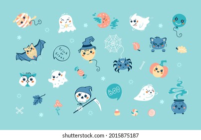 Halloween Autumn Holiday Vector Set. Cute Kawaii halloween Characters: Ghosts, Balloons, Animals, Pumpkin, Skull etc. Fun Collection for Kids. Pastel Colors