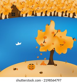 Halloween Autumn Landscape With Lantern Jack, Tree With Falling Leaves On The Lake Beach And Autumn Trees Forest. Vector Illustration With River, Paper Ship, Wooden House, Autumn Tree And Forest.