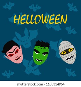 Halloween Autumn Mask Dracula Franckenstein Mummy Bat Vector