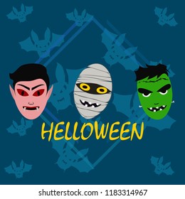Halloween Autumn Mask Dracula Franckenstein Mummy Bat Vector