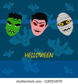 Halloween Autumn Mask Dracula Franckenstein Mummy Bat Vector