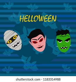 Halloween Autumn Mask Dracula Franckenstein Mummy Bat Vector