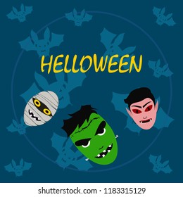 Halloween Autumn Mask Dracula Franckenstein Mummy Bat Vector