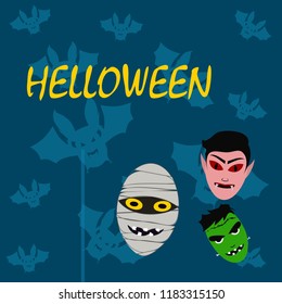 Halloween Autumn Mask Dracula Franckenstein Mummy Bat Vector
