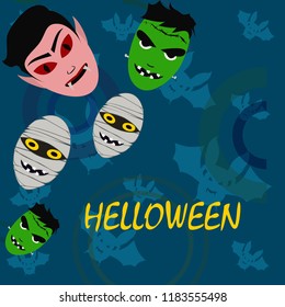 Halloween Autumn Mask Dracula Franckenstein Mummy Bat Vector