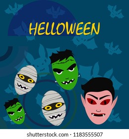 Halloween Autumn Mask Dracula Franckenstein Mummy Bat Vector