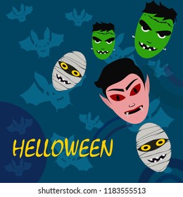 Halloween Autumn Mask Dracula Franckenstein Mummy Bat Vector
