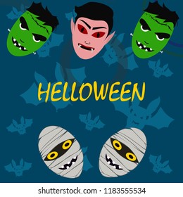 Halloween Autumn Mask Dracula Franckenstein Mummy Bat Vector
