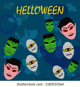 Halloween Autumn Mask Dracula Franckenstein Mummy Bat Vector