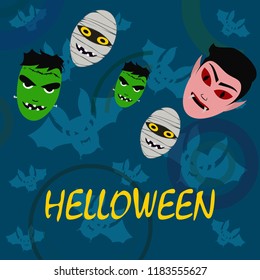 Halloween Autumn Mask Dracula Franckenstein Mummy Bat Vector
