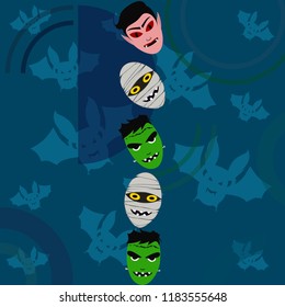 Halloween Autumn Mask Dracula Franckenstein Mummy Bat Vector