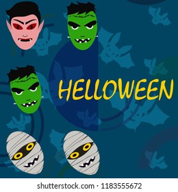 Halloween Autumn Mask Dracula Franckenstein Mummy Bat Vector