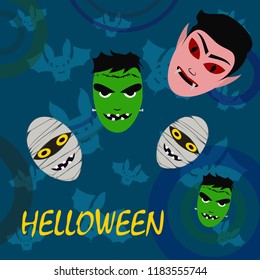 Halloween Autumn Mask Dracula Franckenstein Mummy Bat Vector
