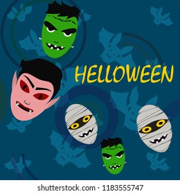 Halloween Autumn Mask Dracula Franckenstein Mummy Bat Vector