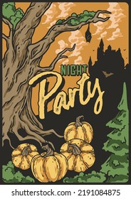 Halloween autumn october party poster. Scary forest with skeleton, pumpkins and cementery