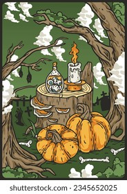 Halloween autumn october party poster. Scary forest with skeleton, pumpkins and cementery