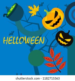 Halloween autumn pumpkin fallen leaf witch cauldron vector