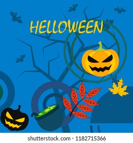 Halloween autumn pumpkin fallen leaf witch cauldron vector
