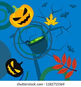 Halloween autumn pumpkin fallen leaf witch cauldron vector