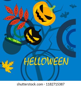 Halloween autumn pumpkin fallen leaf witch cauldron vector