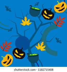 Halloween autumn pumpkin fallen leaf witch cauldron vector