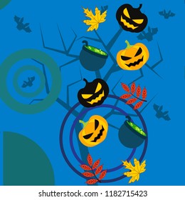 Halloween autumn pumpkin fallen leaf witch cauldron vector