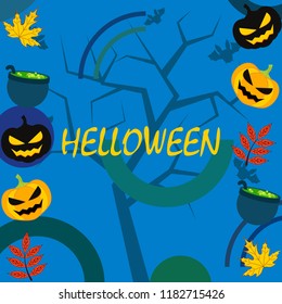 Halloween autumn pumpkin fallen leaf witch cauldron vector
