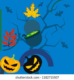 Halloween autumn pumpkin fallen leaf witch cauldron vector