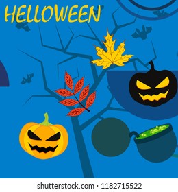 Halloween autumn pumpkin fallen leaf witch cauldron vector