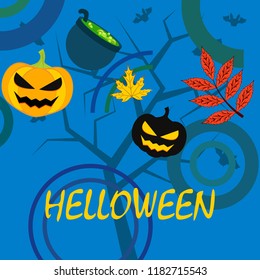 Halloween autumn pumpkin fallen leaf witch cauldron vector