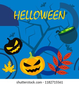 Halloween autumn pumpkin fallen leaf witch cauldron vector