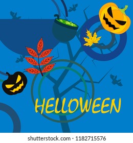 Halloween autumn pumpkin fallen leaf witch cauldron vector