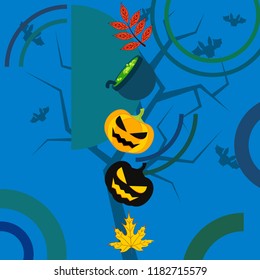 Halloween autumn pumpkin fallen leaf witch cauldron vector