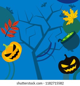Halloween autumn pumpkin fallen leaf witch cauldron vector