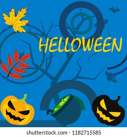 Halloween autumn pumpkin fallen leaf witch cauldron vector