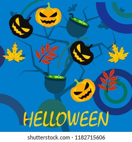 Halloween autumn pumpkin fallen leaf witch cauldron vector