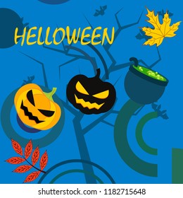 Halloween autumn pumpkin fallen leaf witch cauldron vector