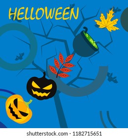 Halloween autumn pumpkin fallen leaf witch cauldron vector