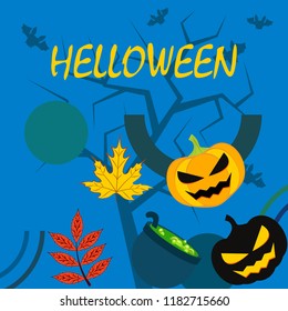 Halloween autumn pumpkin fallen leaf witch cauldron vector