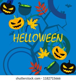 Halloween autumn pumpkin fallen leaf witch cauldron vector