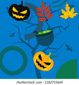 Halloween autumn pumpkin fallen leaf witch cauldron vector
